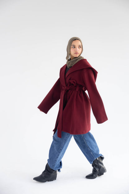 ZAS Hooded Wrap Coat - Burgandy
